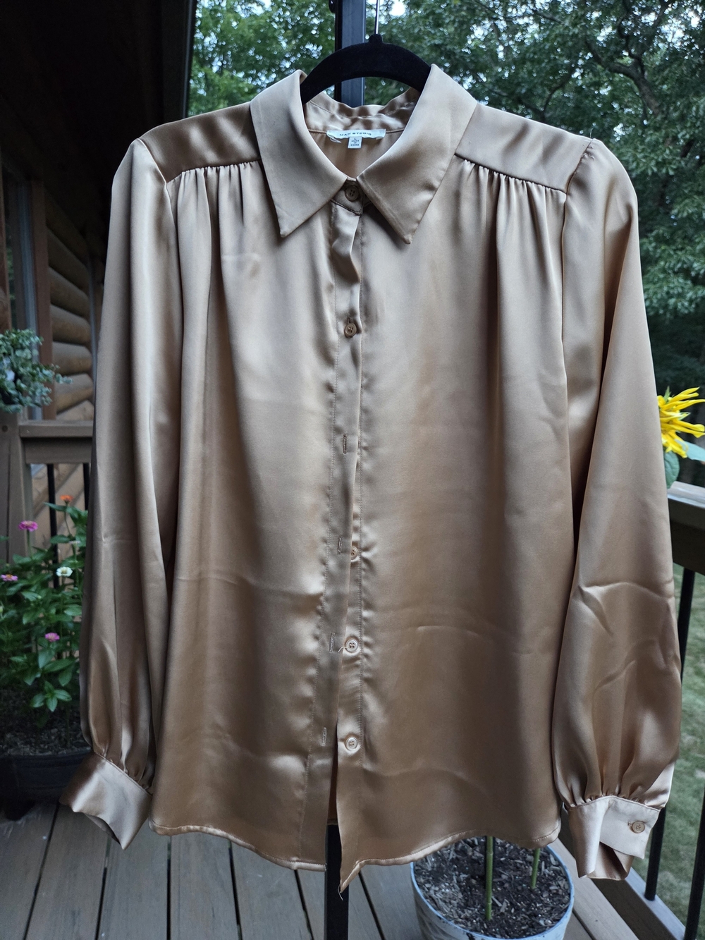 Max Studio Metallic Gold Satin Button-Down Blouse